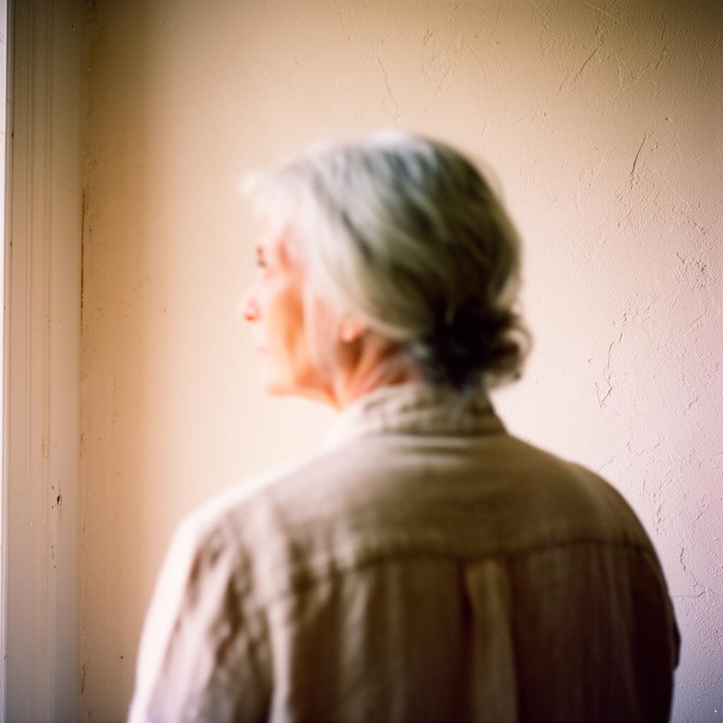 A woman with silver hair photographed softly from behind in warm window light.
