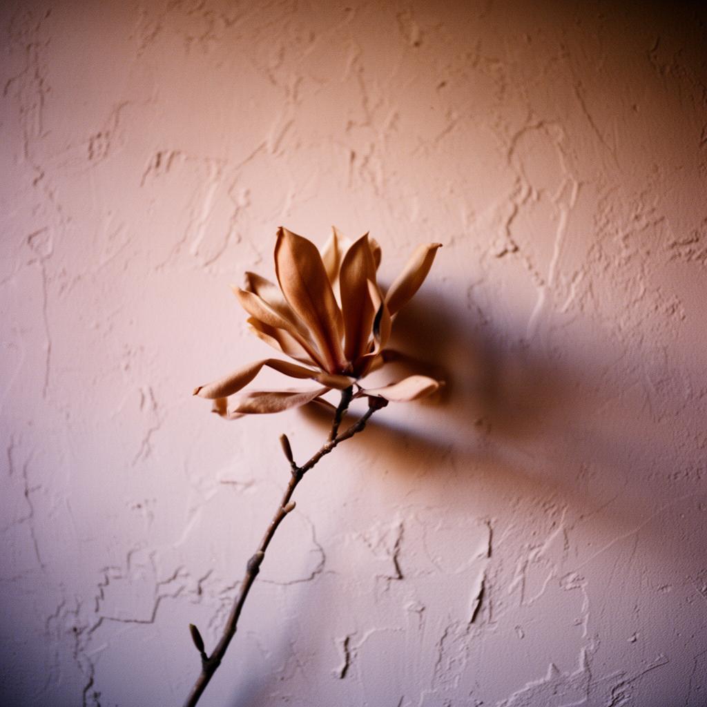 A dried magnolia branch casting a soft shadow on a warm plaster wall — quiet, editorial still life.