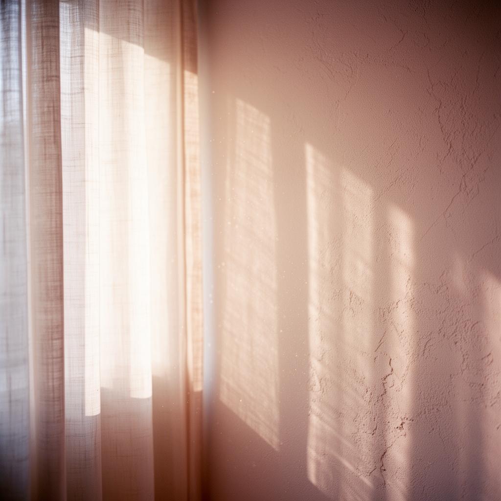 Morning light through a sheer linen curtain casting soft shadows on a warm plaster wall.
