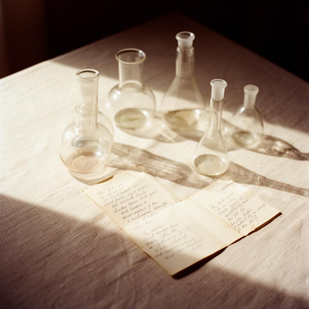 Vintage scientific glassware and handwritten notes on a linen surface in warm natural light.