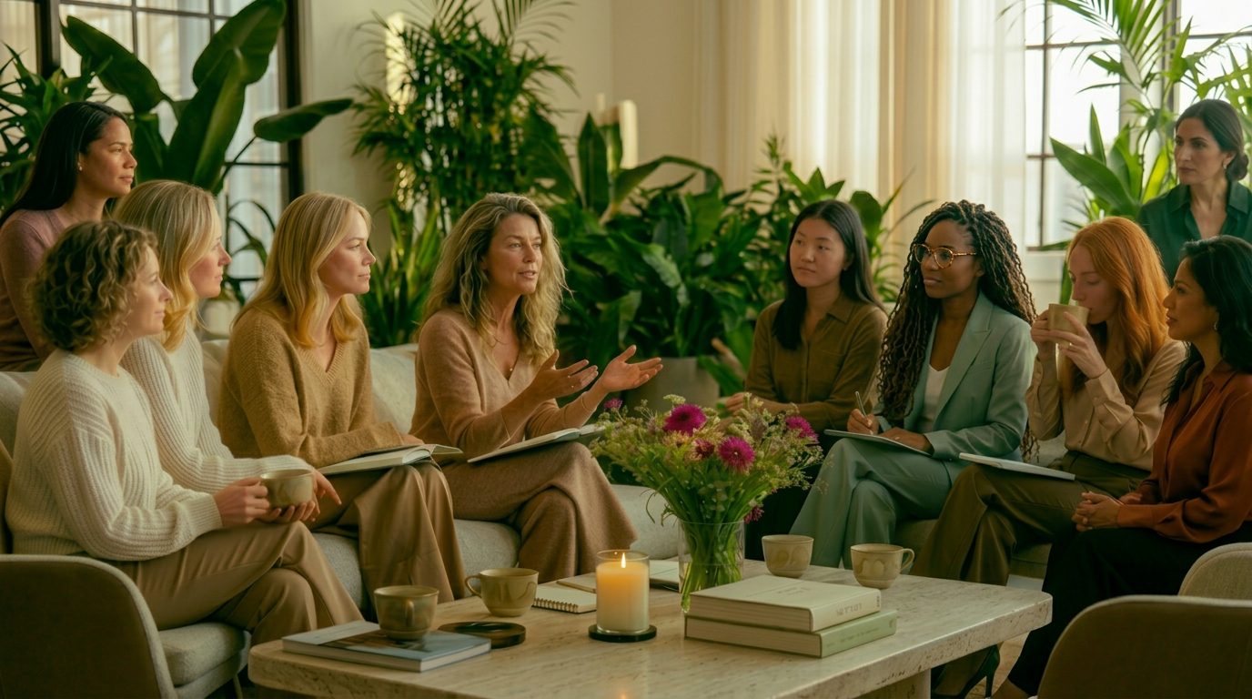A diverse circle of women in elegant conversation in a sunlit lounge